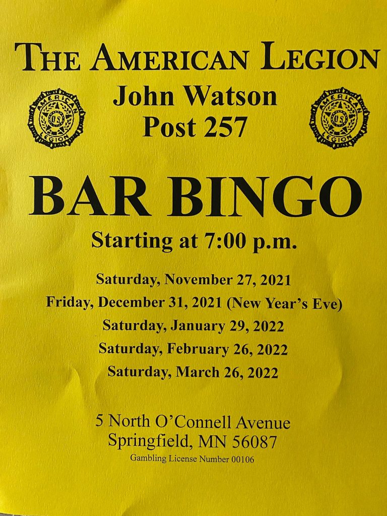 Legion Bar Bingo Springfield Minnesota Chamber of Commerce